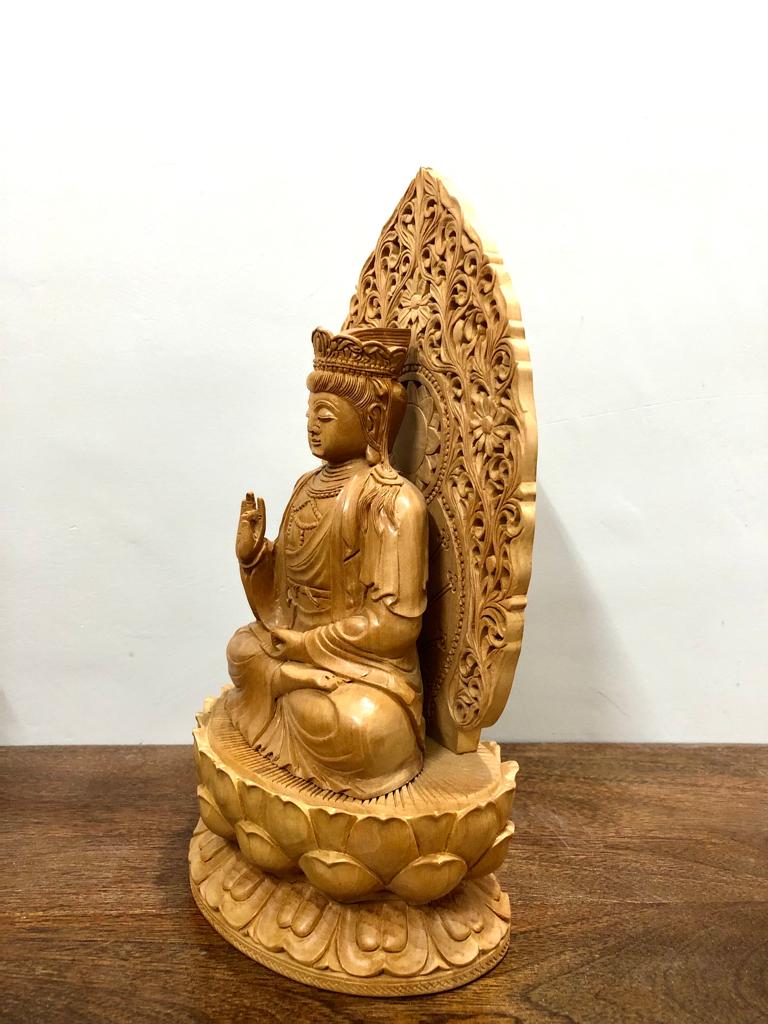 Beautifully Carved Wooden Jali Buddha Sitting Statue