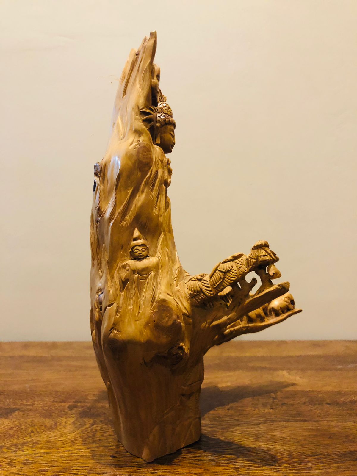 Sandalwood Root Fine Carved Jungle and Buddha Meditation Scene
