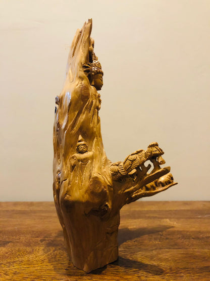 Sandalwood Root Fine Carved Jungle and Buddha Meditation Scene