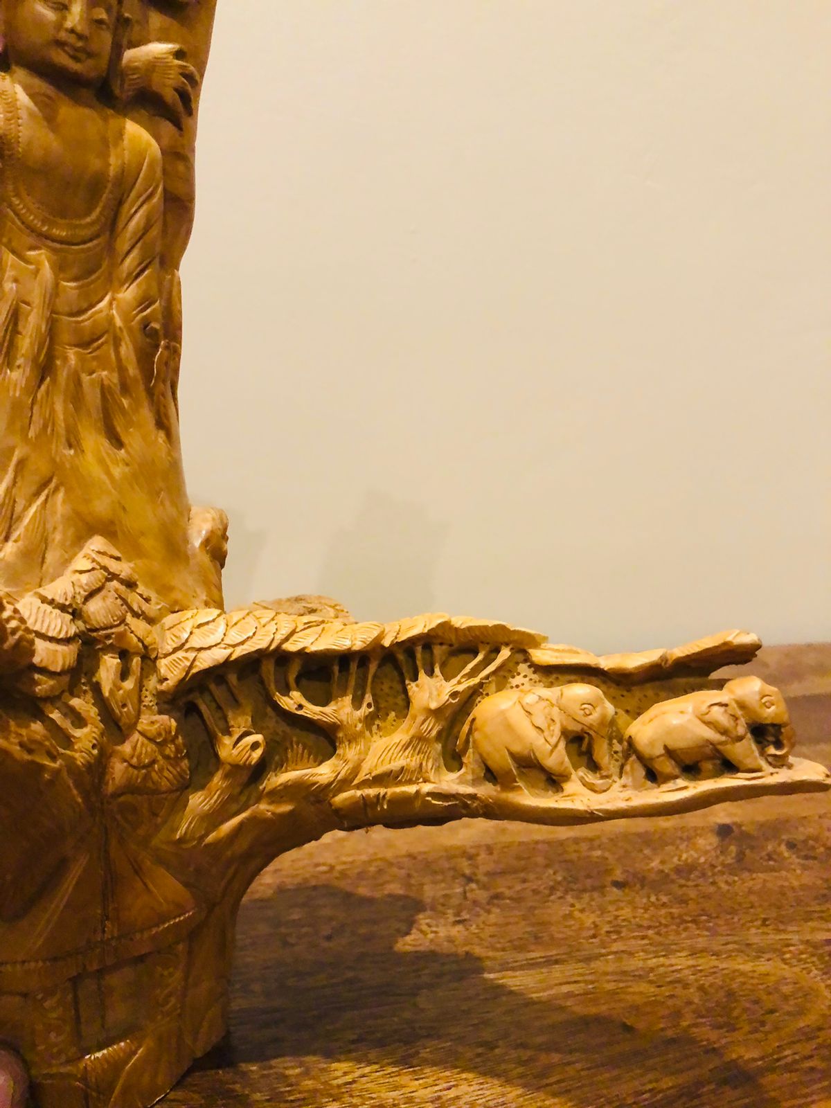 Sandalwood Root Fine Carved Jungle and Buddha Meditation Scene