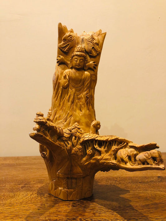 Sandalwood Root Fine Carved Jungle and Buddha Meditation Scene