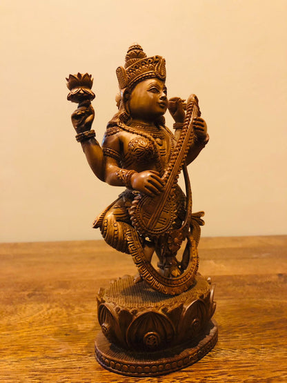 sandalwood Special Carved Sitting Goddess Saraswati Statue