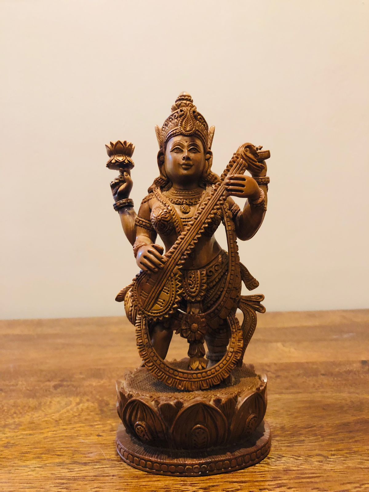 sandalwood Special Carved Sitting Goddess Saraswati Statue