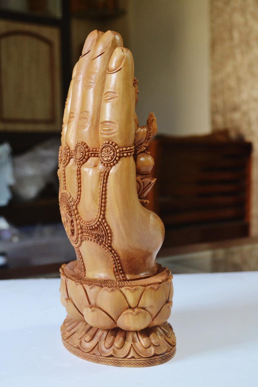 Sandalwood handmade Buddha statue in palm collectible Home Decor Gift - Arts99 - Online Art Gallery