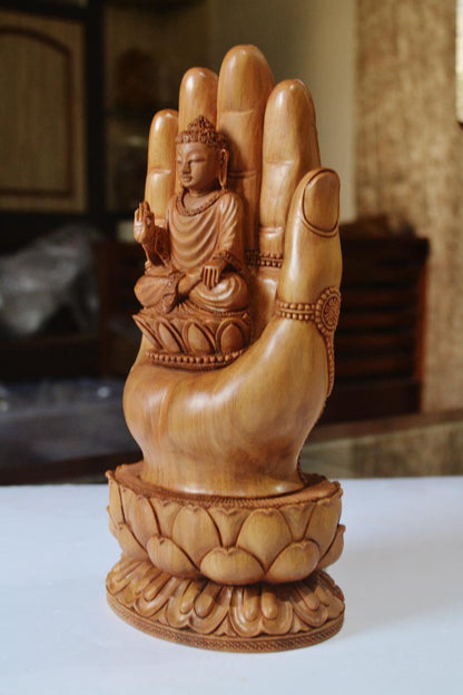 Sandalwood handmade Buddha statue in palm collectible Home Decor Gift - Arts99 - Online Art Gallery