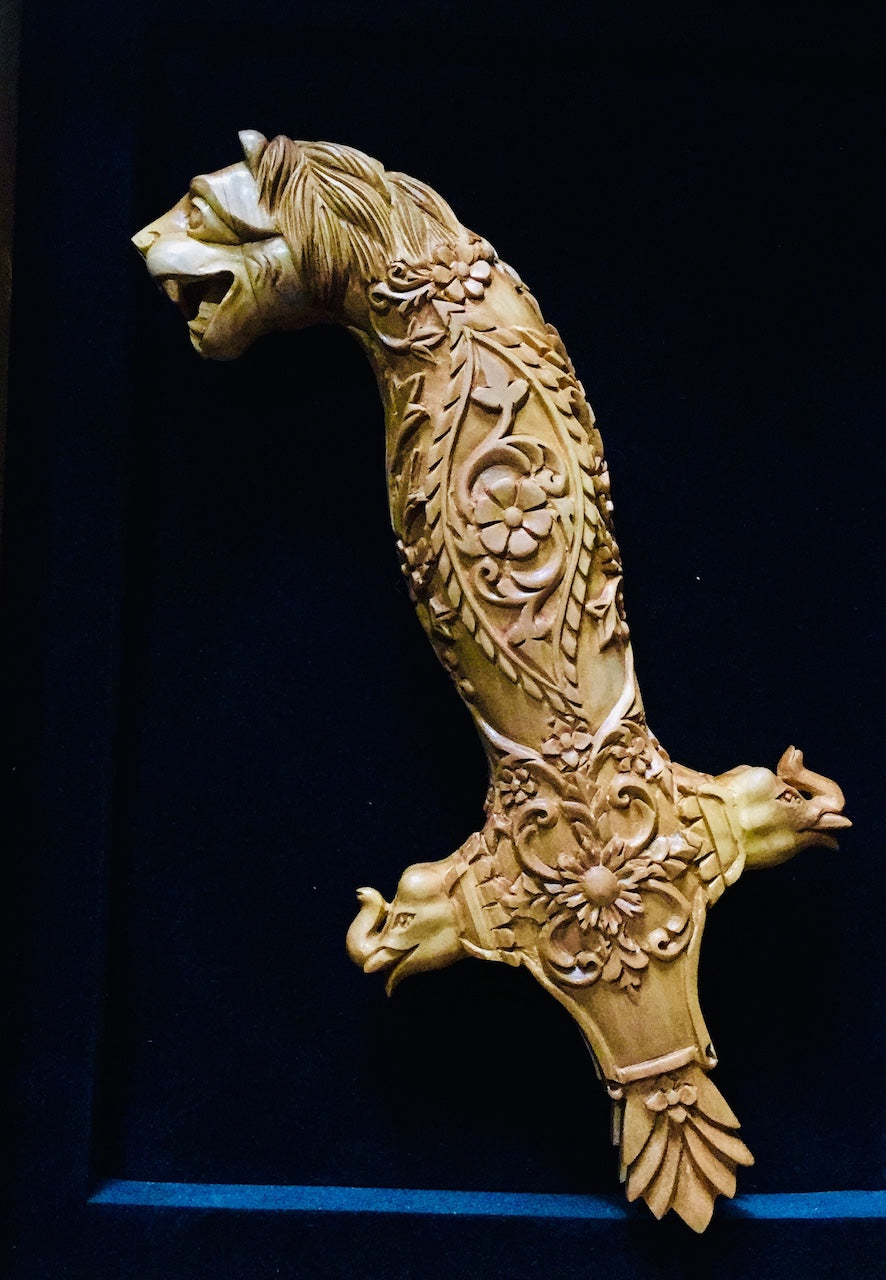 Rare Sandalwood Deep Carved Lion Face Sword Handle - Arts99 - Online Art Gallery