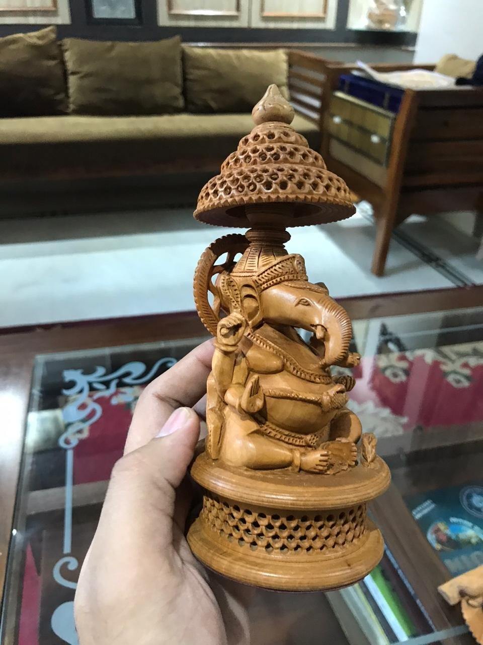 Wooden Round Jali Ganesha Fine Hand Carved Statue - Arts99 - Online Art Gallery