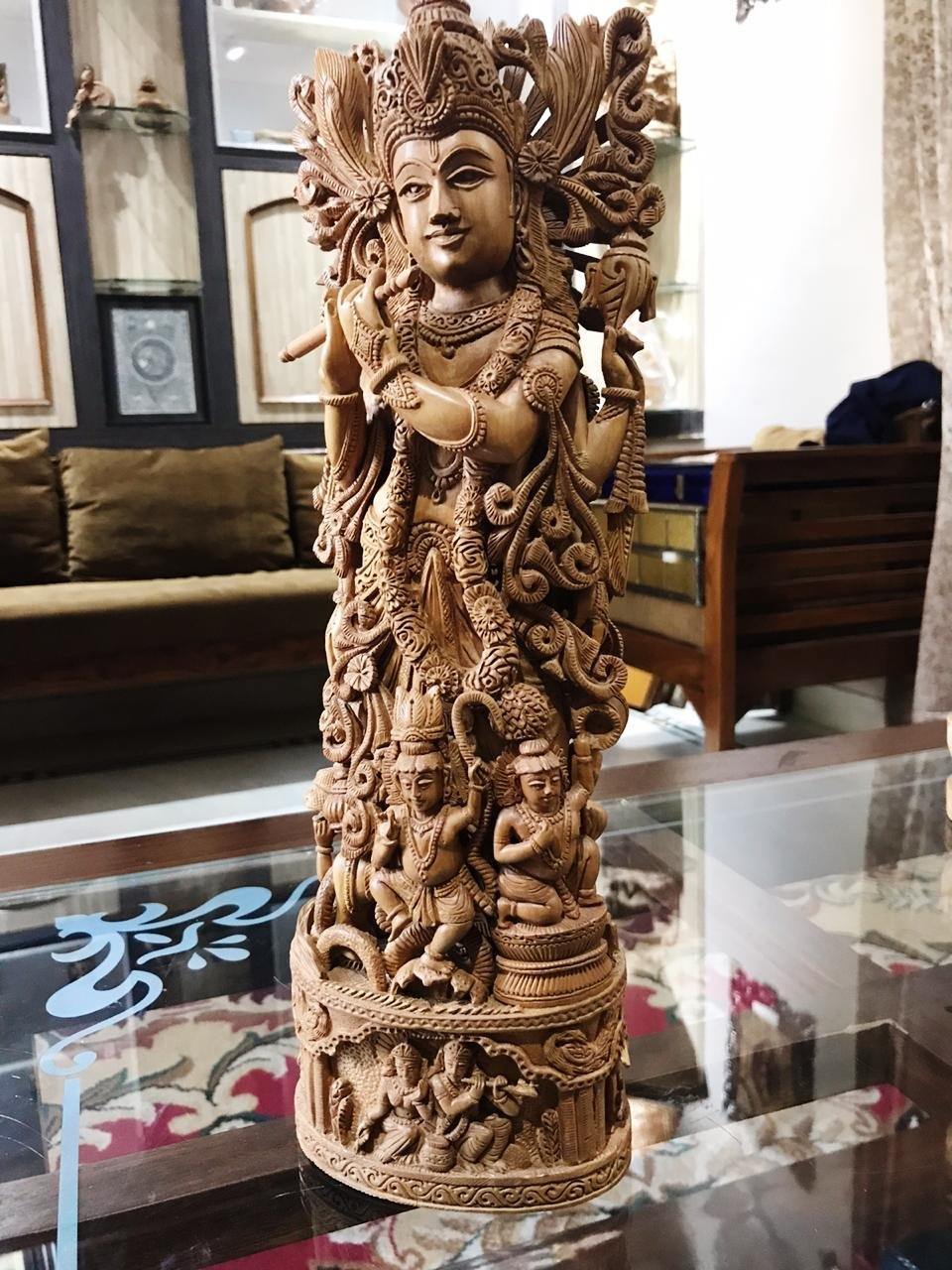 Sandalwood Carved Lord Krishna Statue Collective Art Piece - Arts99 - Online Art Gallery