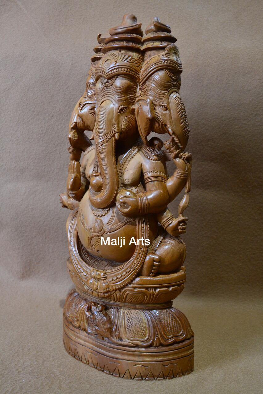 Sandalwood Vintage Large Size 3 Face Rare Ganesha Sitting Statue - Arts99 - Online Art Gallery