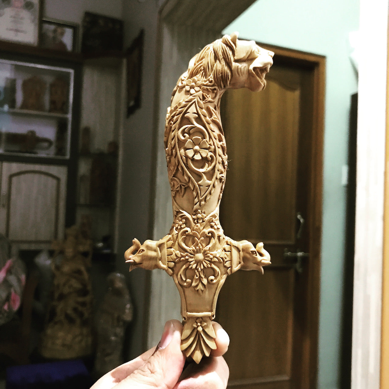 Rare Sandalwood Deep Carved Lion Face Sword Handle - Arts99 - Online Art Gallery