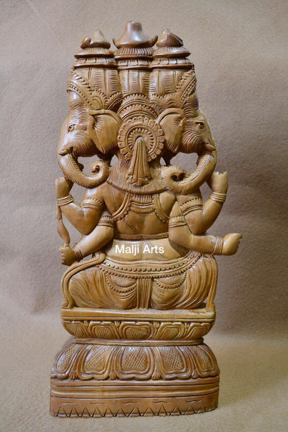 Sandalwood Vintage Large Size 3 Face Rare Ganesha Sitting Statue - Arts99 - Online Art Gallery