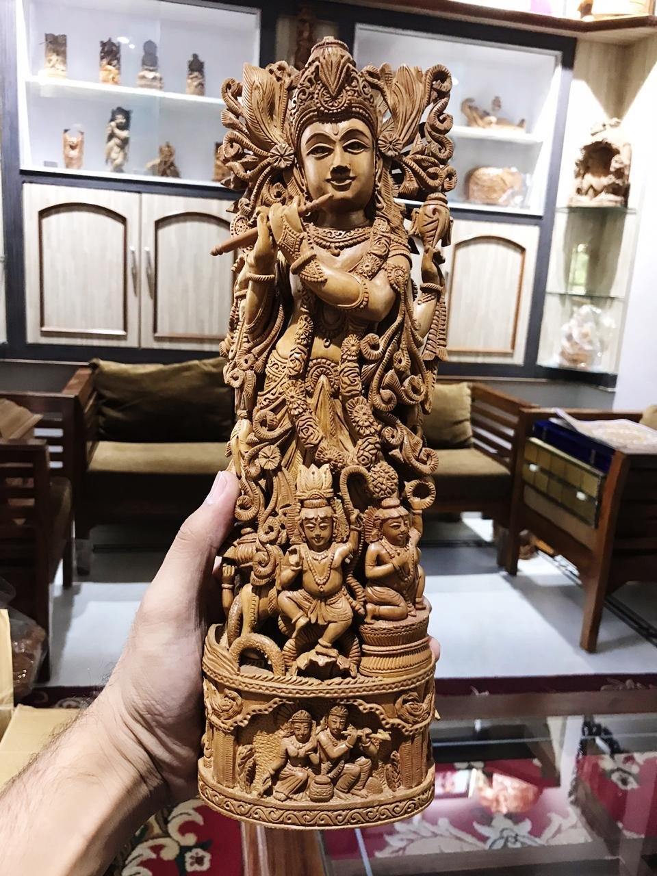 Sandalwood Carved Lord Krishna Statue Collective Art Piece - Arts99 - Online Art Gallery