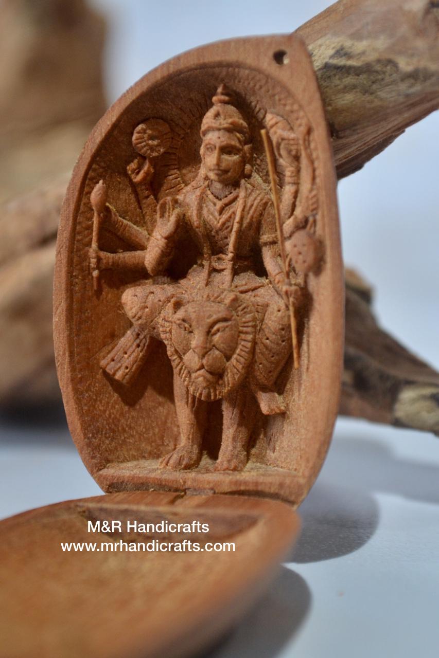 Sandalwood Carved Opening Almond Depicted Durga Statue Carved Inside - Arts99 - Online Art Gallery