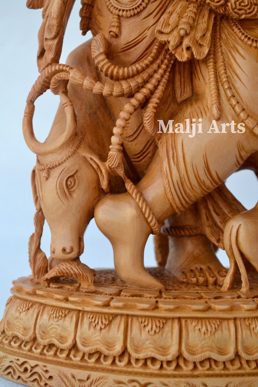 Standing Krishna Statue with Cow Wooden Fine Hand Carved Statue - Arts99 - Online Art Gallery