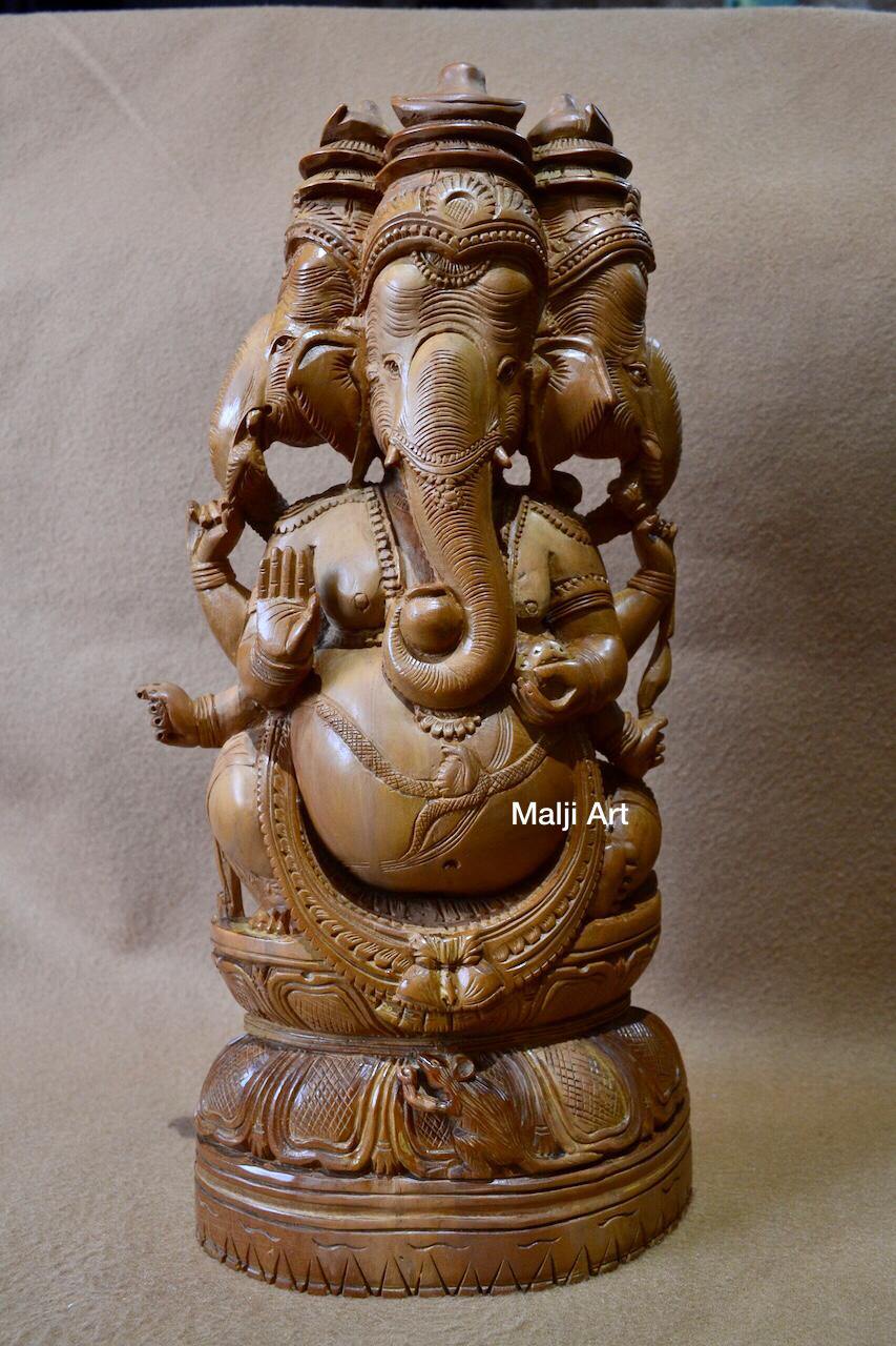 Sandalwood Vintage Large Size 3 Face Rare Ganesha Sitting Statue - Arts99 - Online Art Gallery