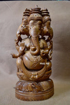 Sandalwood Vintage Large Size 3 Face Rare Ganesha Sitting Statue - Arts99 - Online Art Gallery