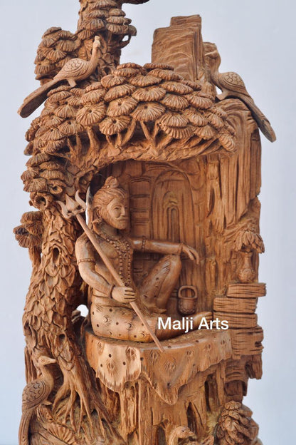 Sandalwood Shiva Resting Statue Under Tree - Arts99 - Online Art Gallery