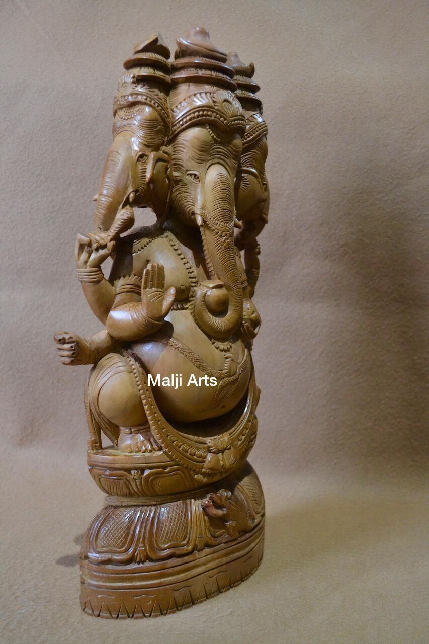 Sandalwood Vintage Large Size 3 Face Rare Ganesha Sitting Statue - Arts99 - Online Art Gallery