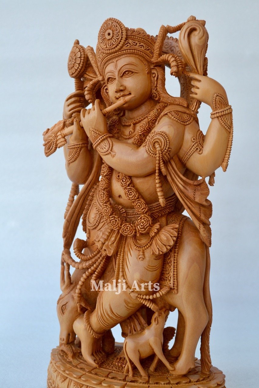 Standing Krishna Statue with Cow Wooden Fine Hand Carved Statue - Arts99 - Online Art Gallery