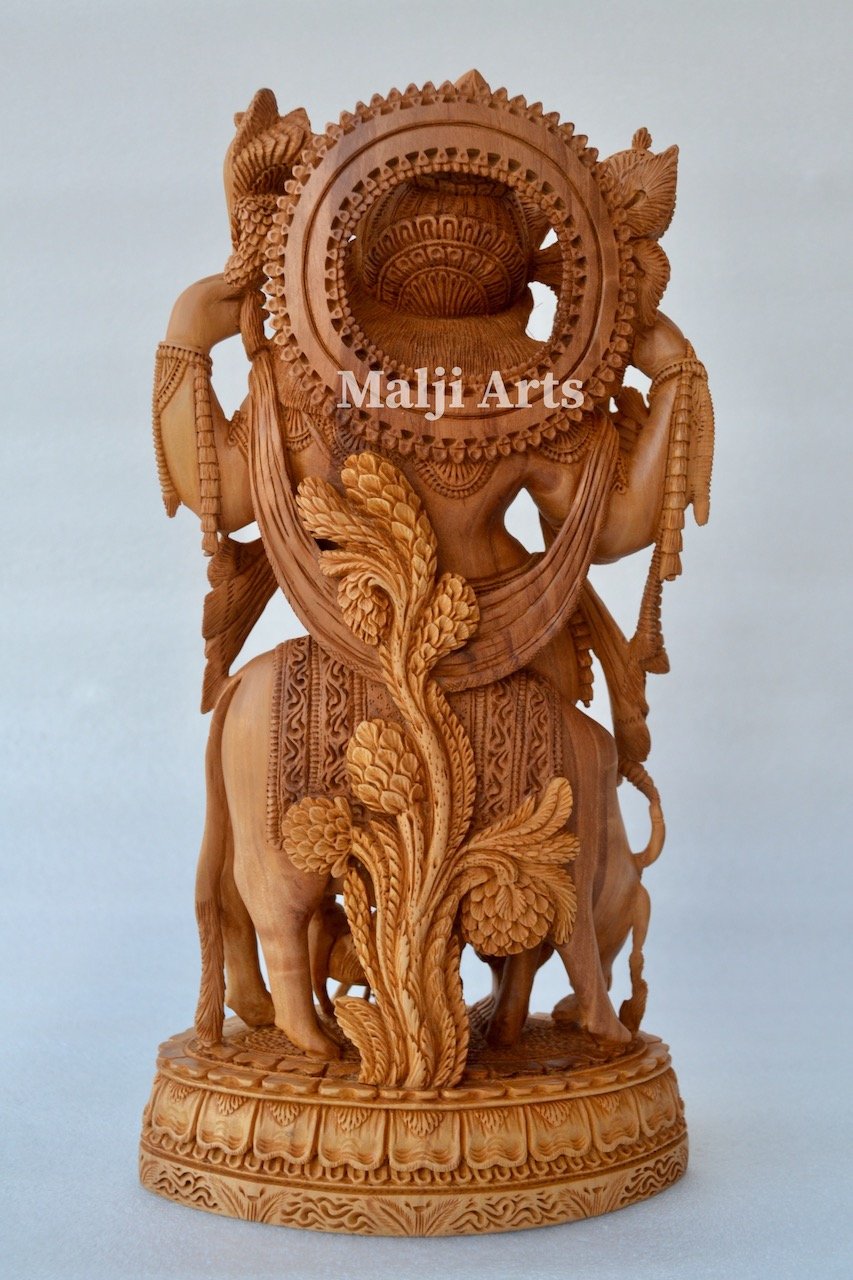 Standing Krishna Statue with Cow Wooden Fine Hand Carved Statue - Arts99 - Online Art Gallery