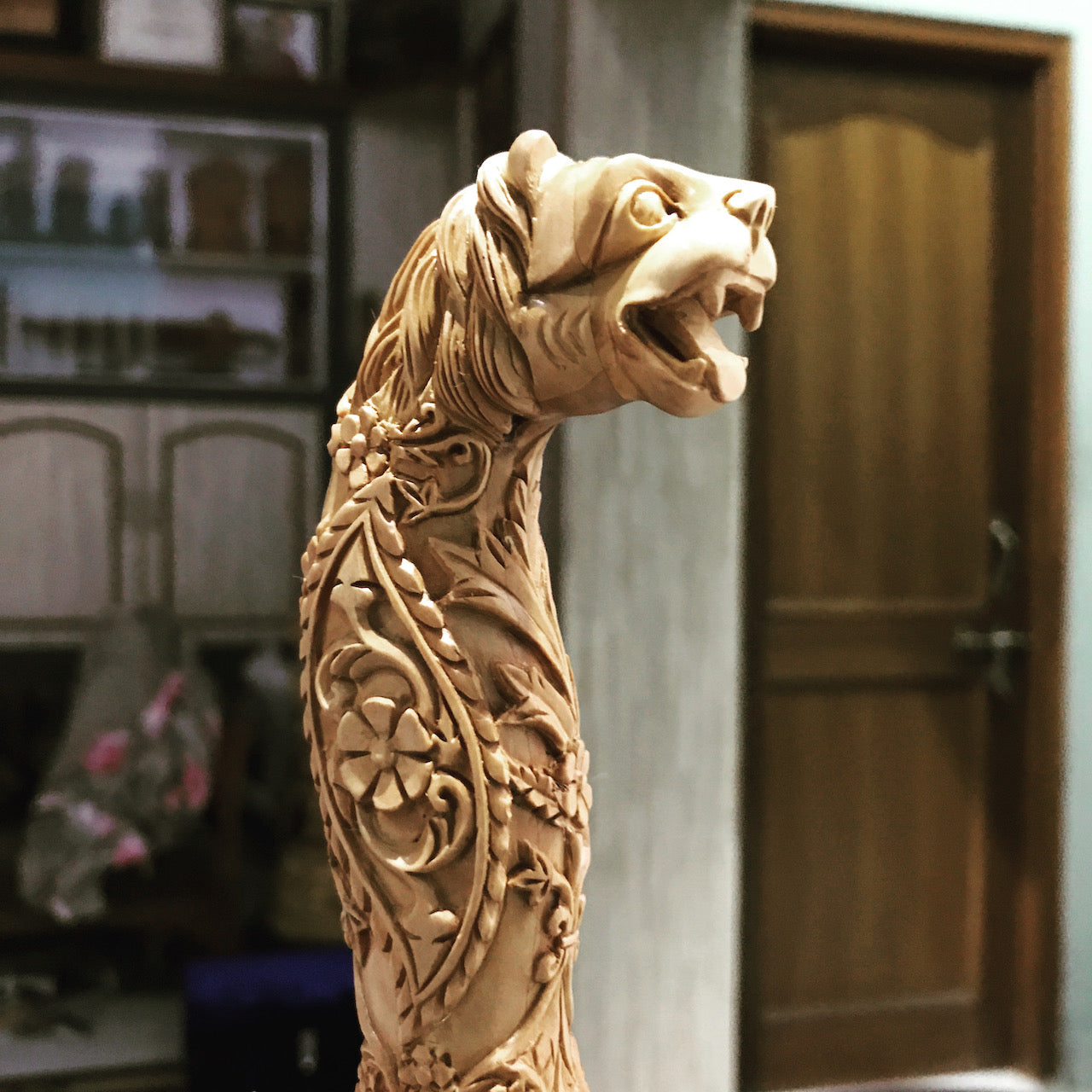 Rare Sandalwood Deep Carved Lion Face Sword Handle - Arts99 - Online Art Gallery