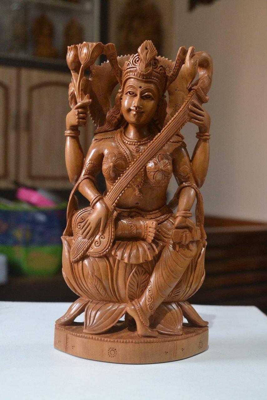 Sandalwood Hindu Goddess Saraswati Fine Hand Carved Statue - Arts99 - Online Art Gallery
