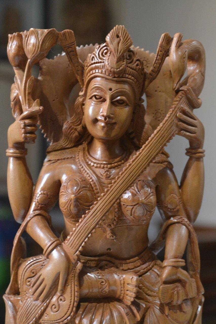 Sandalwood Hindu Goddess Saraswati Fine Hand Carved Statue - Arts99 - Online Art Gallery