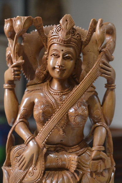 Sandalwood Hindu Goddess Saraswati Fine Hand Carved Statue - Arts99 - Online Art Gallery