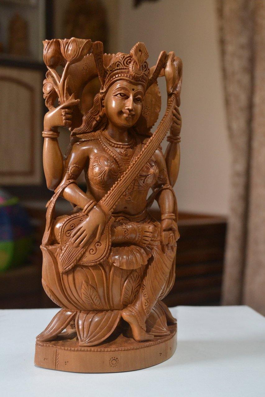 Sandalwood Hindu Goddess Saraswati Fine Hand Carved Statue - Arts99 - Online Art Gallery