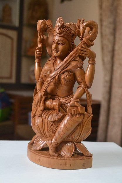Sandalwood Hindu Goddess Saraswati Fine Hand Carved Statue - Arts99 - Online Art Gallery