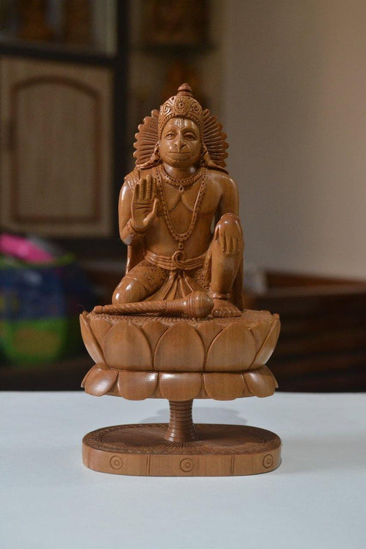 Sandalwood Unique Lord Hanuman Statue On Lotus - Arts99 - Online Art Gallery