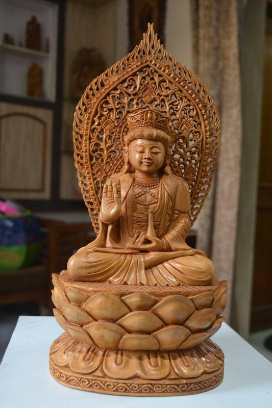 1 ft Beautifully Carved Wooden Jali Buddha Sitting Statue - Arts99 - Online Art Gallery