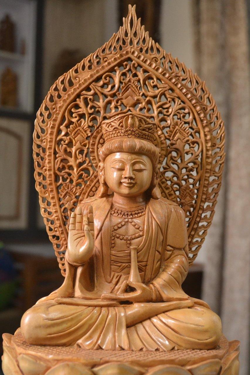1 ft Beautifully Carved Wooden Jali Buddha Sitting Statue - Arts99 - Online Art Gallery