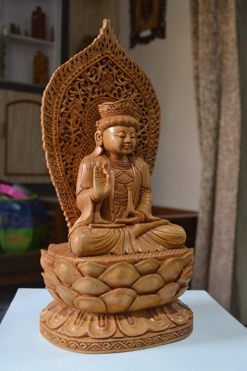 1 ft Beautifully Carved Wooden Jali Buddha Sitting Statue - Arts99 - Online Art Gallery