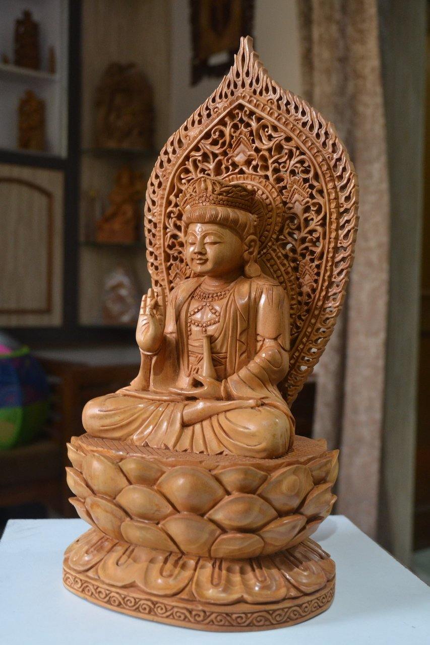 1 ft Beautifully Carved Wooden Jali Buddha Sitting Statue - Arts99 - Online Art Gallery