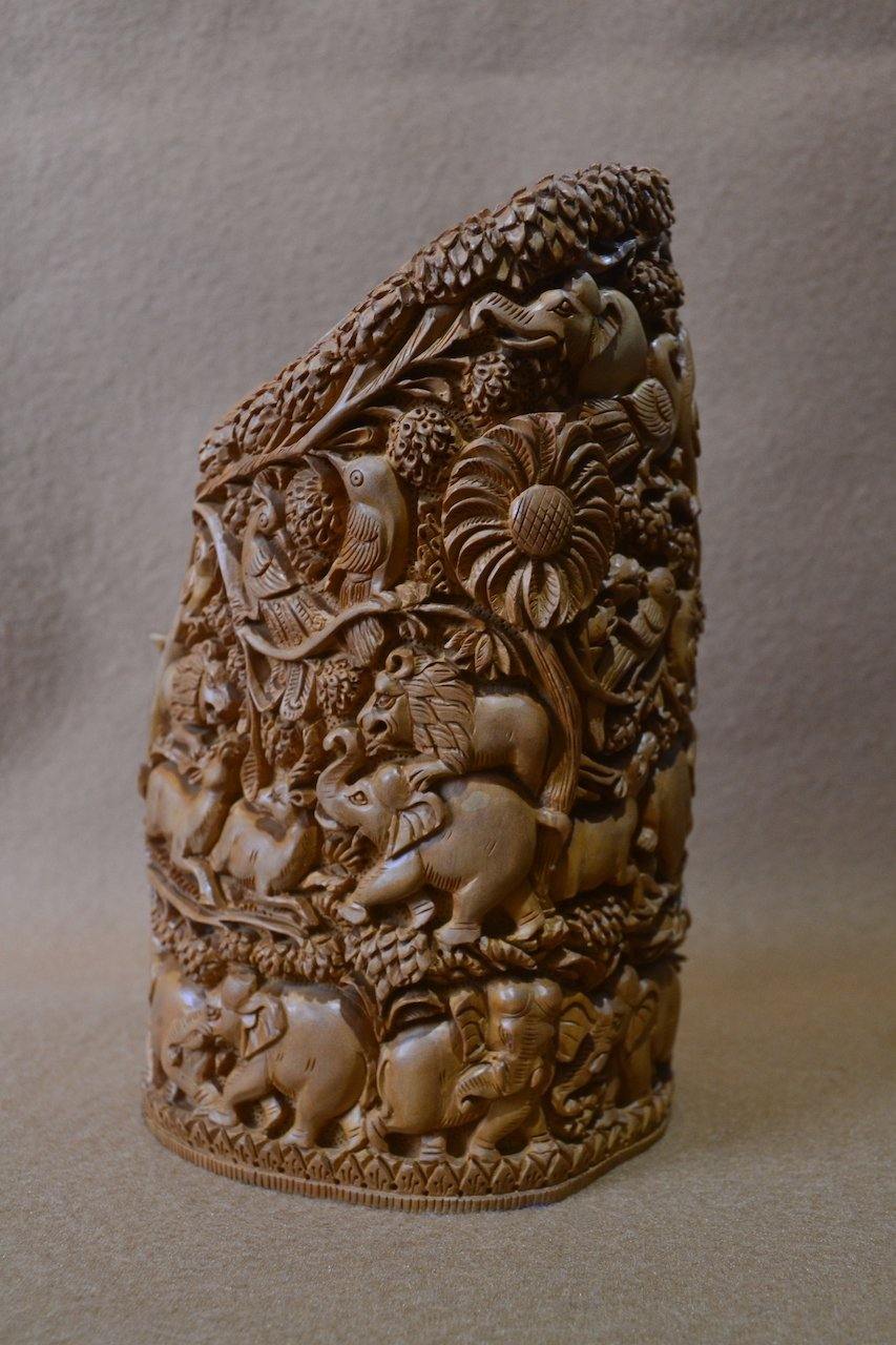 Sandalwood Solid Fine Carved Jungle and Buddha Meditation Scene - Arts99 - Online Art Gallery