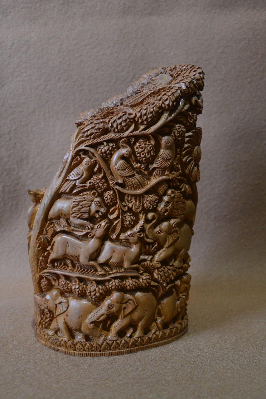 Sandalwood Solid Fine Carved Jungle and Buddha Meditation Scene - Arts99 - Online Art Gallery