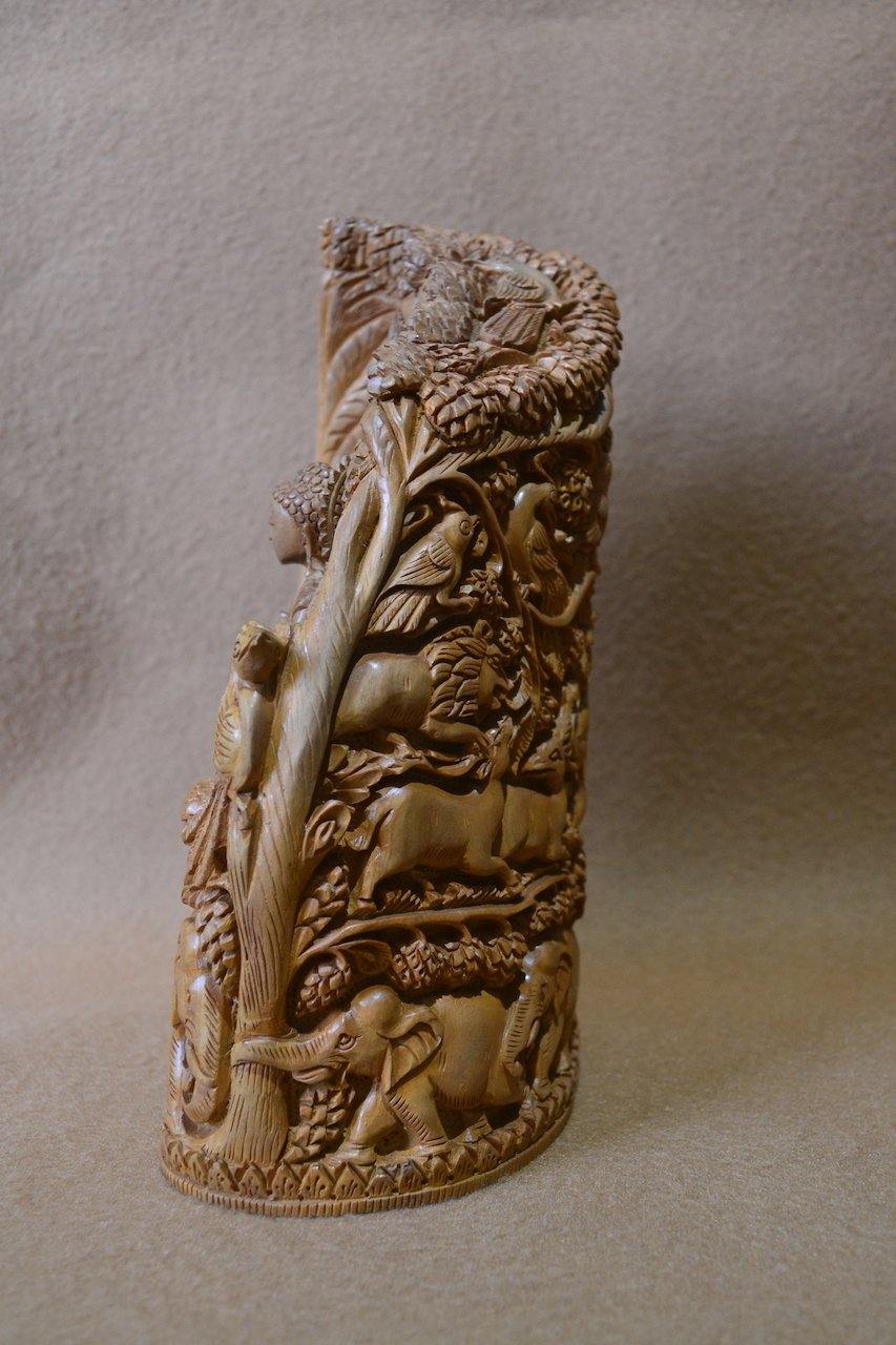 Sandalwood Solid Fine Carved Jungle and Buddha Meditation Scene - Arts99 - Online Art Gallery