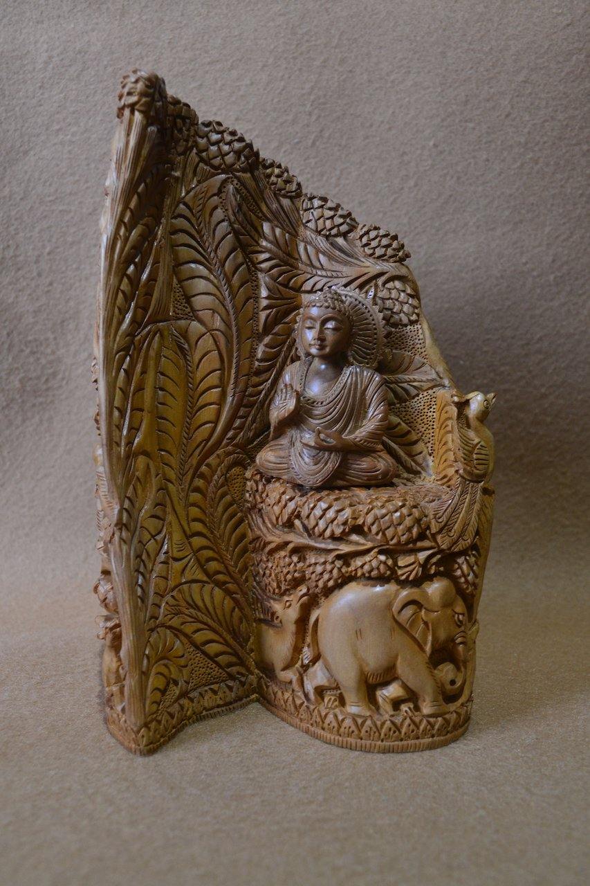 Sandalwood Solid Fine Carved Jungle and Buddha Meditation Scene - Arts99 - Online Art Gallery