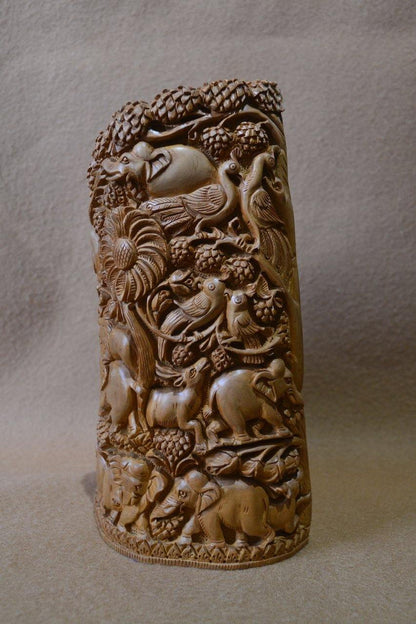 Sandalwood Solid Fine Carved Jungle and Buddha Meditation Scene - Arts99 - Online Art Gallery