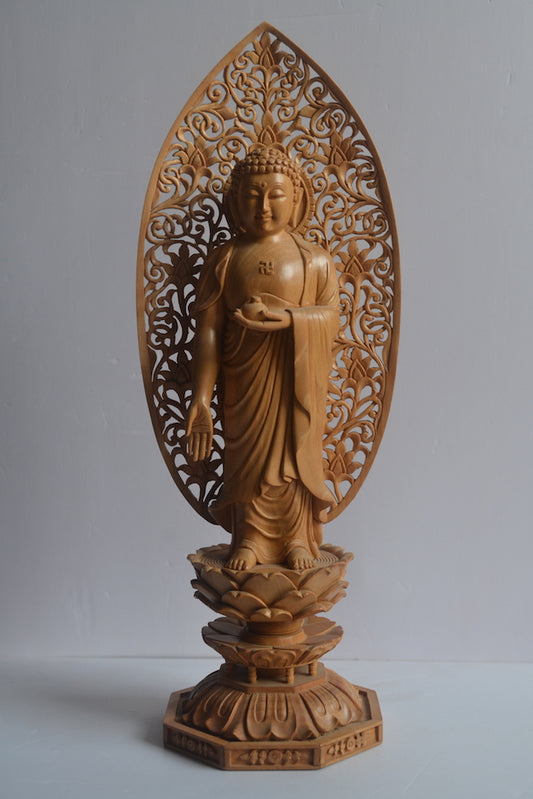 Wooden Fine Hand Carved Buddha Standing with Intricate Jali Work - Arts99 - Online Art Gallery