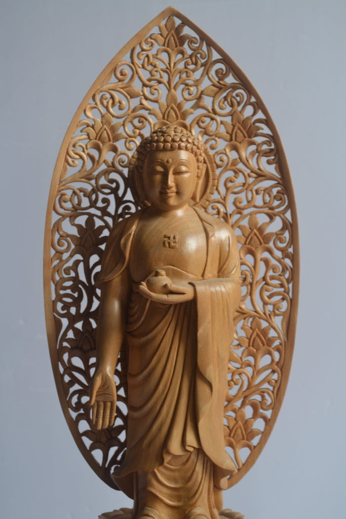 Wooden Fine Hand Carved Buddha Standing with Intricate Jali Work - Arts99 - Online Art Gallery