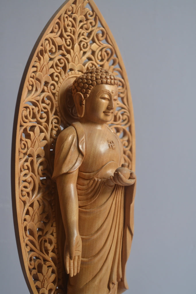 Wooden Fine Hand Carved Buddha Standing with Intricate Jali Work - Arts99 - Online Art Gallery