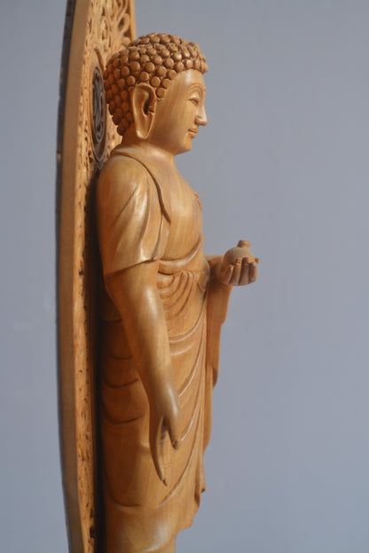 Wooden Fine Hand Carved Buddha Standing with Intricate Jali Work - Arts99 - Online Art Gallery