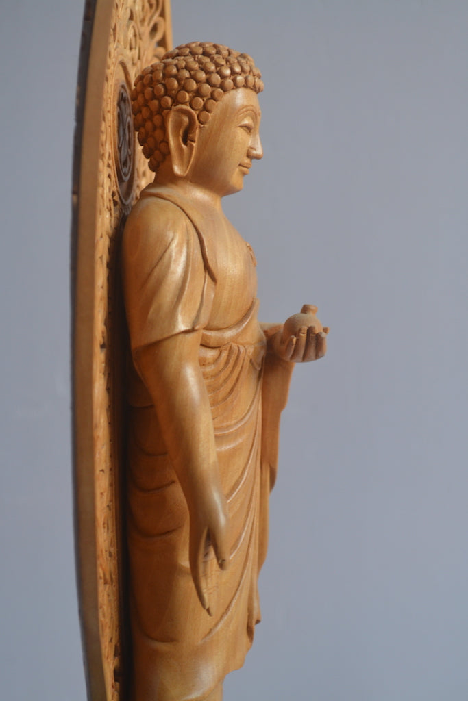 Wooden Fine Hand Carved Buddha Standing with Intricate Jali Work - Arts99 - Online Art Gallery