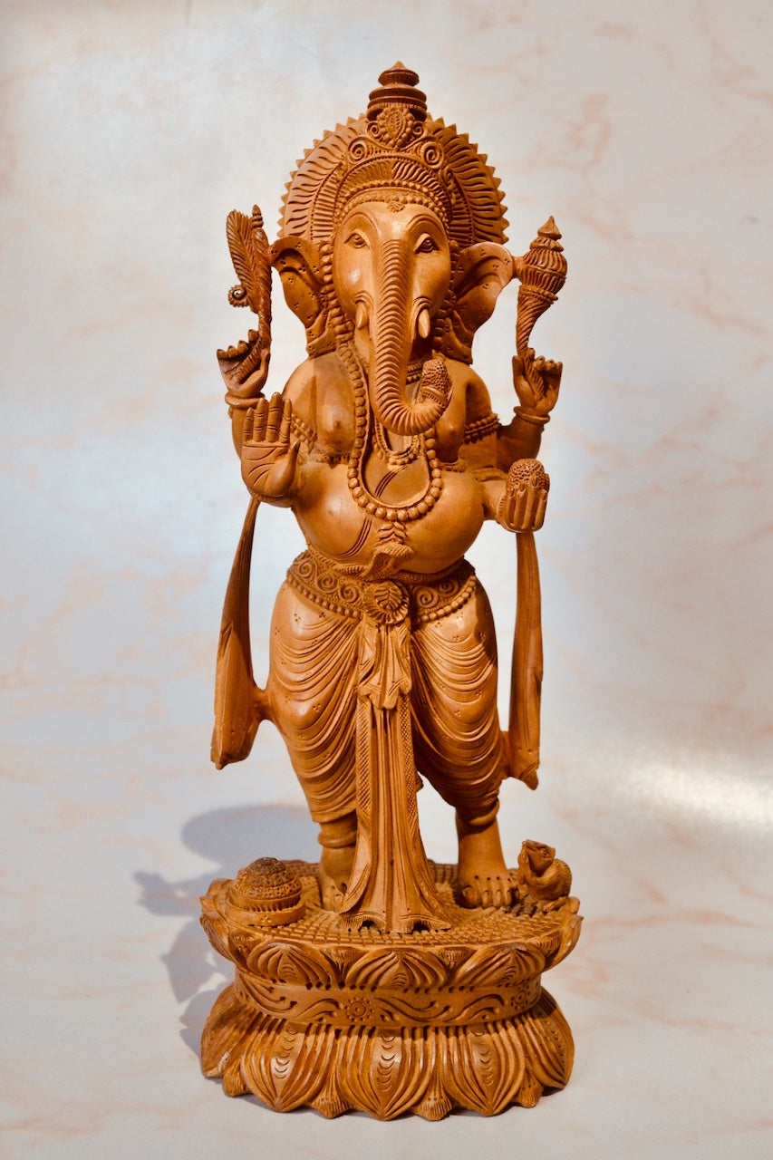 Wooden Standing Ganesha With Fine Detailed Carved Statue - Arts99 - Online Art Gallery