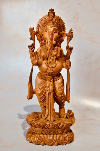 Wooden Standing Ganesha With Fine Detailed Carved Statue - Arts99 - Online Art Gallery