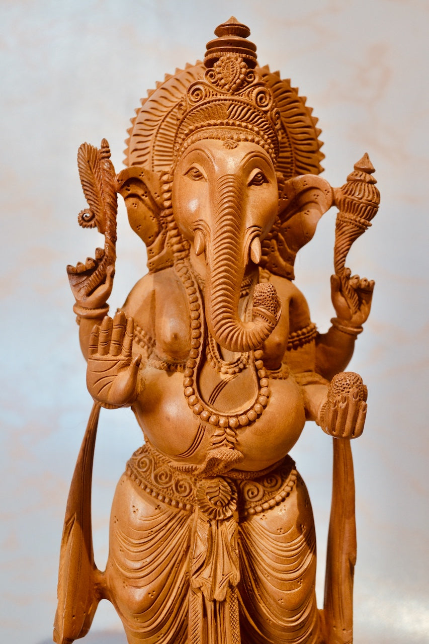 Wooden Standing Ganesha With Fine Detailed Carved Statue - Arts99 - Online Art Gallery