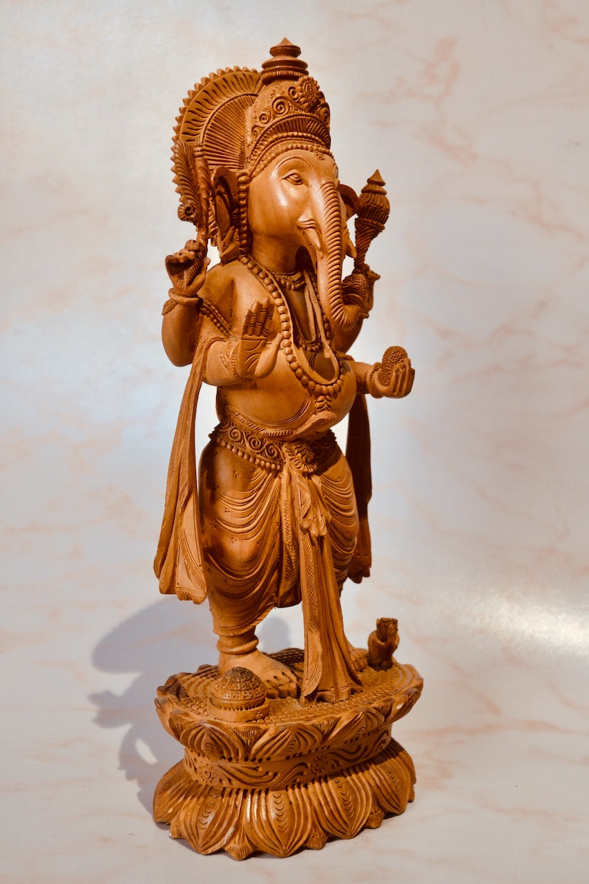 Wooden Standing Ganesha With Fine Detailed Carved Statue - Arts99 - Online Art Gallery