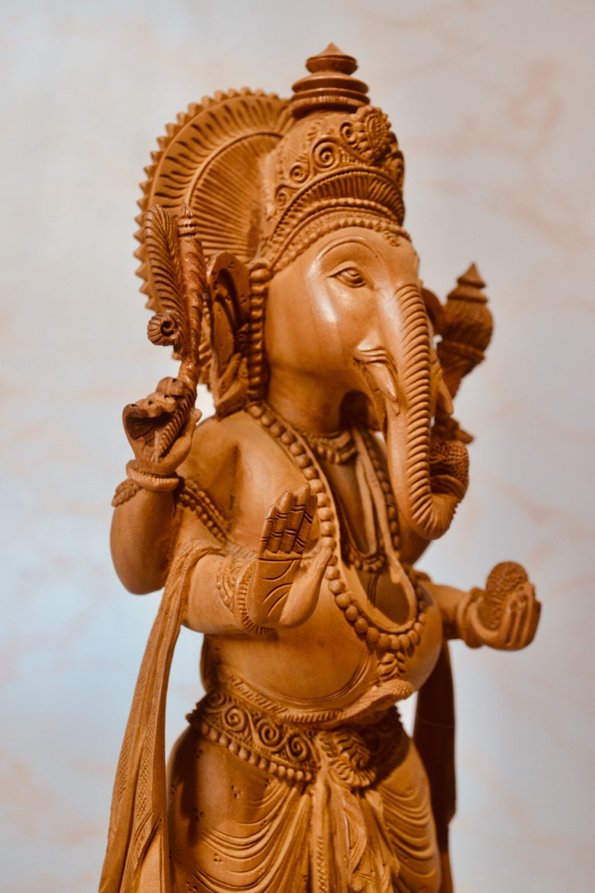 Wooden Standing Ganesha With Fine Detailed Carved Statue - Arts99 - Online Art Gallery